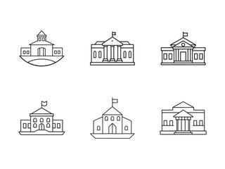 Line art illustrations of various government buildings architecture and iconic civic structures for legal or educational themes