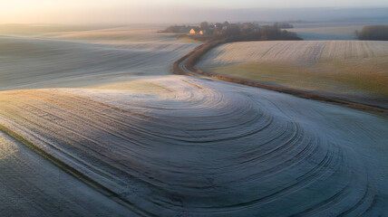 Fototapeta premium Golden hour aerial of winter landscape. Frost-kissed rolling fields show elegant patterns. A winding path leads to distant sunlit farm buildings under a serene sky.