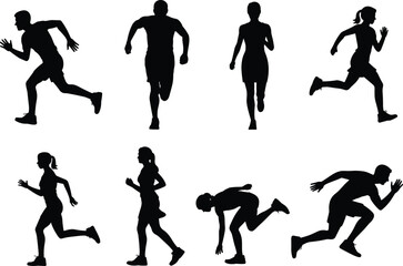 Silhouettes of men and women running, jogging, sprinting, fitness exercise, outdoor activity, healthy lifestyle, athletic movement, sport training, active people