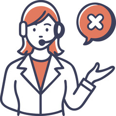 Doodle-style female support agent with headset and red X sign – worried expression, flat cartoon vector illustration for error or rejection concept