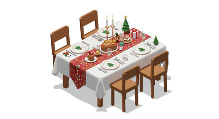 Festive christmas dinner table with roast turkey and holiday decor in isometric style