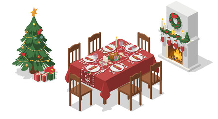 Cozy christmas dining room with decorated tree and fireplace