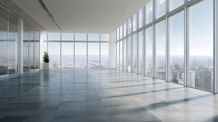 Panoramic City View: Modern Office Space with Floor-to-Ceiling Windows
