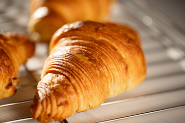 Close-up of a golden croissant fresh from the oven on a cooling rack. Crispy, flaky layers of buttery French pastry ideal for breakfast, bakery, or food concept.
