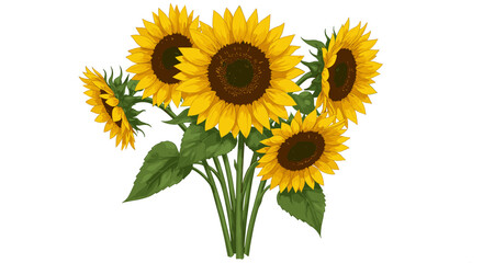 Obraz premium Vibrant sunflowers bouquet with green leaves on white background