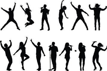 Silhouette of Energetic Singers and Dancers Performing on Stage, Expressive Poses for Music, Entertainment, and Performance Design Concepts