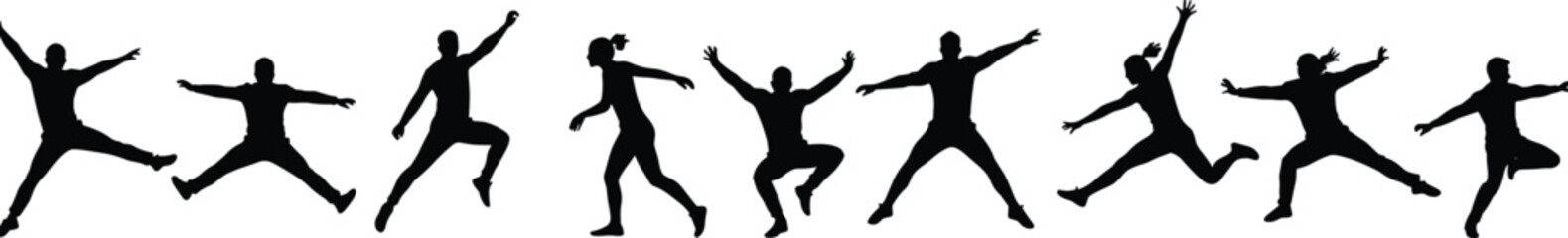 Silhouettes of People Jumping in Exciting Dynamic Poses, Expressing Joy, Energy, Freedom, Movement, Celebration, Happiness, and Active Lifestyle