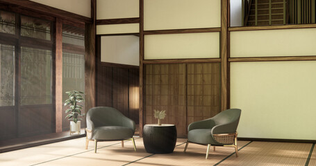 Fototapeta premium The Western style room is a Japanese room with a small sofa in the living room in an old traditional Japanese style. 3d rendering