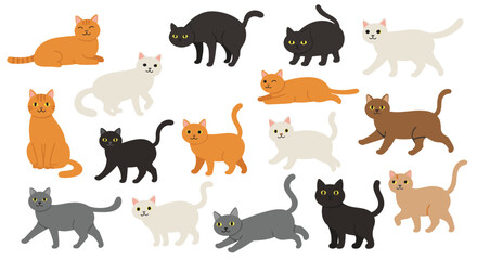 Fototapeta premium Playful variety of cats in flat style: cute cartoon feline set