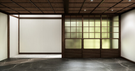 Mock up interior concept Empty room wood docoration wall on granite floor. 3D illustration rendering