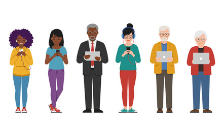 Obraz premium Diverse people using technology devices in flat style