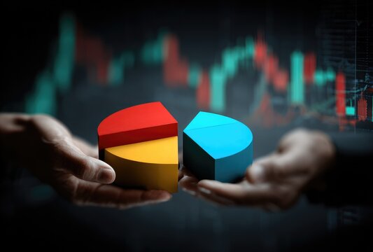 Hands holding pie chart pieces against a blurred financial graph background, symbolizing data analysis and economic division