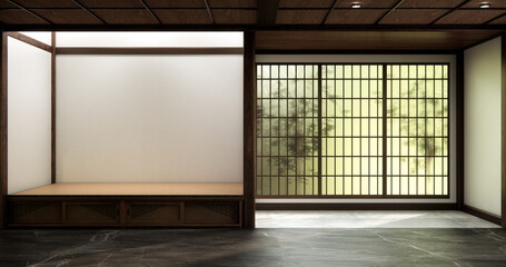 Shelf wall room zen style and decoraion wooden design, earth tone.3D rendering