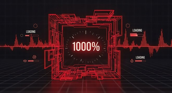 A dynamic, futuristic graphic displays a 100% loading progress indicator within a complex, red wireframe structure against a dark background. - Powered by Adobe
