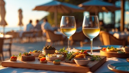 Outdoor dining scene with two glasses of white wine and assorted appetizers, set against a sunset background with people relaxing under umbrellas.