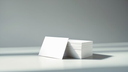 A stack of blank cards or papers placed on a white surface with a plain background.