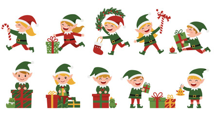 Festive elves celebrating christmas with gifts and decorations