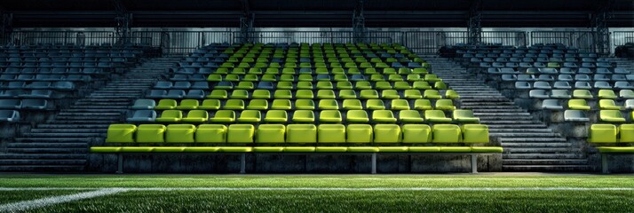 Stadium seating filled with bright green chairs in an empty arena during a sunny afternoon