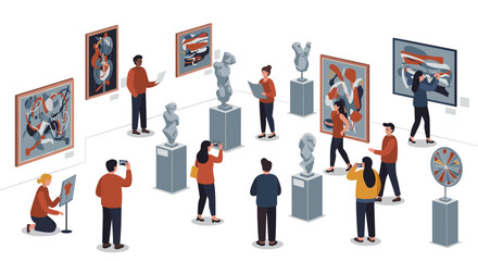 Fototapeta premium Art gallery visit with diverse visitors engaging with modern sculptures and paintings