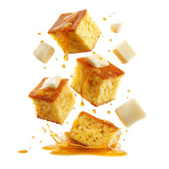 close-up of cornbread slices with honey drizzle

