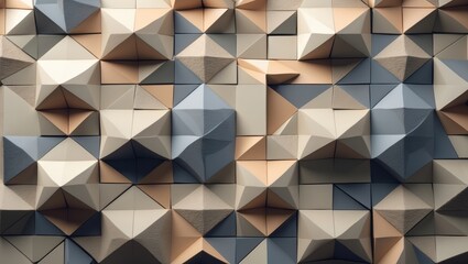 Obraz premium A pattern of three-dimensional geometric shapes in shades of beige, gray, and brown creating an abstract textured surface.