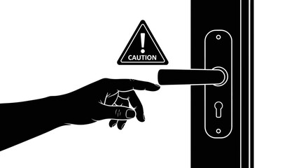 door handle warning, hand touching door handle, safety caution sign, warning symbol vector, contamination risk icon, hygiene safety illustration, do not touch door handle, virus transmission preventio