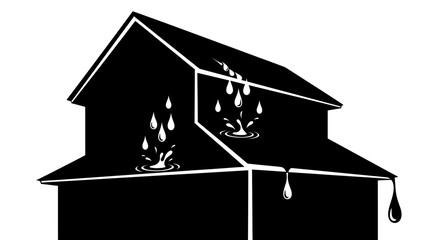 leaking roof icon, house water damage vector, roof leak symbol, home repair graphic, water dripping roof illustration, rain damage house icon, wet roof problem vector, damaged roof pictogram, house le