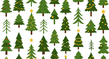 Obraz premium Seamless pattern of festive christmas trees with decorations on white background