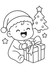coloring book of a happy baby holding a wrapped Christmas present with a decorated tree and stars.