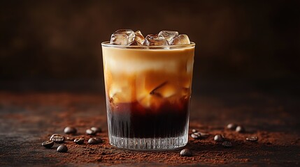 Glass of iced coffee with ice cubes and milk showcasing layered latte, dark brown background contrast, professional studio lighting product shot, photorealistic