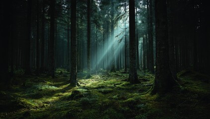 Fototapeta premium Sunbeams pierce a dark forest floor