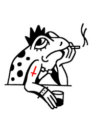 Smoking frog with inverted cross tattoo and drink.