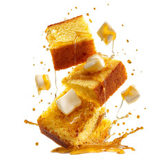 levitating cornbread slices drizzled with honey

