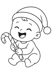 coloring book of a baby joyfully holding a large candy cane, smiling in a holiday hat.