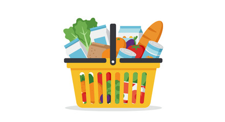 Colorful flat style grocery basket filled with fresh produce and essentials
