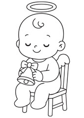 coloring book of a baby angel ringing a small bell while seated on a chair, a gentle Christmas scene.