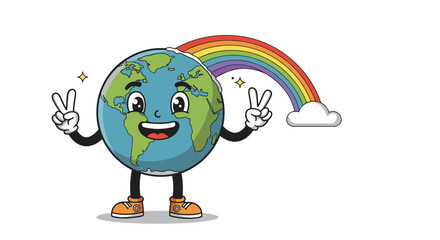 Obraz premium Cheerful earth cartoon with rainbow and peace signs
