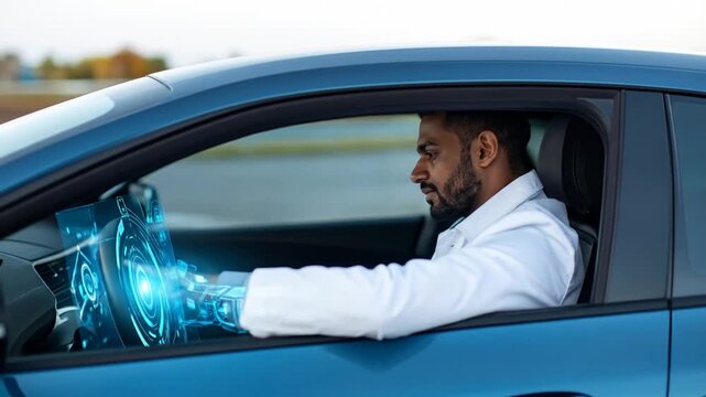 Futuristic Driver: Navigating with Holographic Interface in Autonomous Car - Powered by Adobe