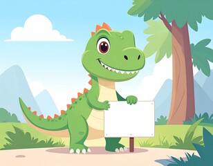 Cute dinosaur holding a blank sign in a jungle