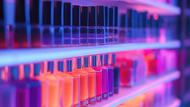Close-up view of various colored nail polishes stacked on a shelf