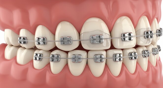 Detailed view of human teeth with modern orthodontic braces and wires straightening alignment for a perfect smile