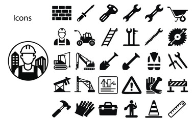 Construction and building icons representing tools and worker symbols on white background