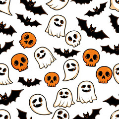 White Halloween Pattern with Ghosts, Bats, and Skulls.