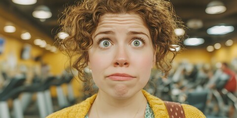 gym rookie woman feeling overwhelmed and intimidated on first day fitness challenge