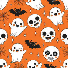 Cute Skulls and Ghosts Halloween Pattern, Orange Halloween Party Pattern