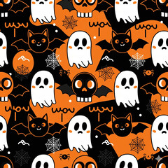 Black and Orange Halloween Seamless Pattern, Cute Ghosts, Bats, and Skulls Pattern