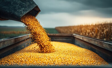 Golden corn kernels cascade from a spout into a full truck bed, backed by rows of ripe cornstalks under a cloudy sky, conveying agriculture and harvest