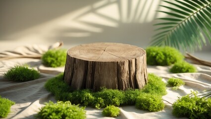 A tree stump surrounded by moss and greenery with shadows of palm leaves, in a natural setting.