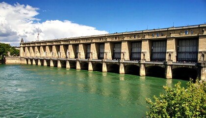 Naklejka premium Large dam structure spans a wide river under a partly cloudy sky