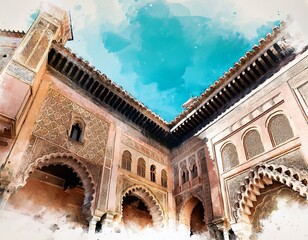 Obraz premium intricate details of alhambra architecture combined with watercolor aesthetics